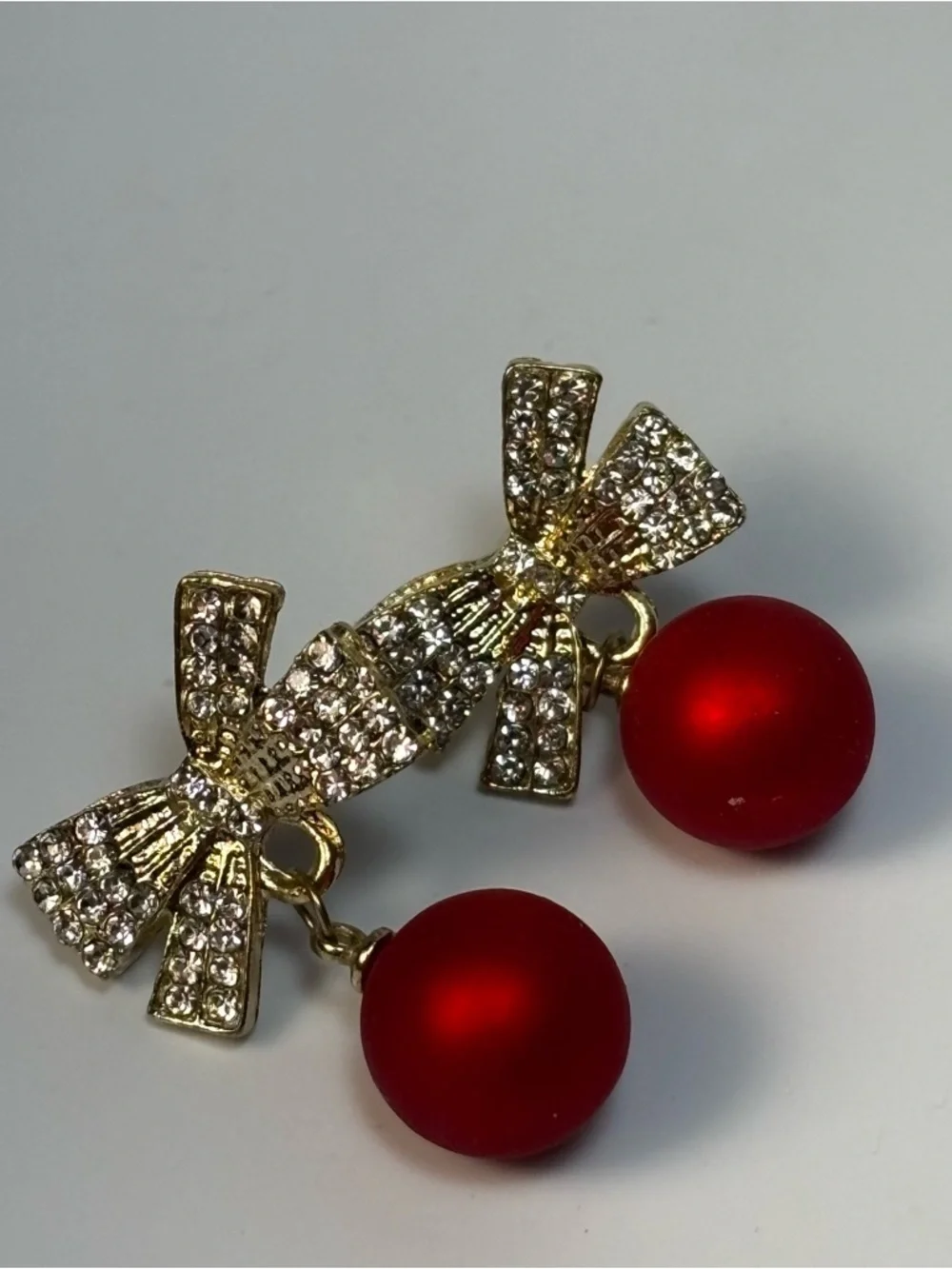 Gold‎ Bow Earrings with Red Pearl Drops